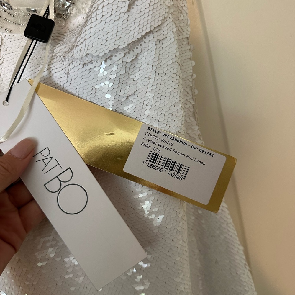 PatBO White Sequin Mini Dress with Silver Beaded Trim - Picture 6 of 11
